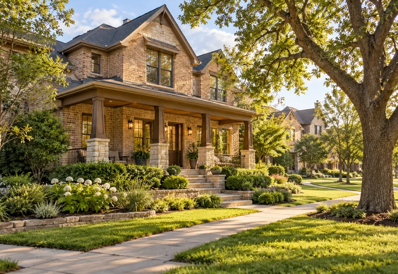 Traditional brick home with a broad porch beside a community green.
