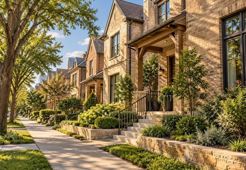 Brick townhouse frontages with porch steps and native planting.