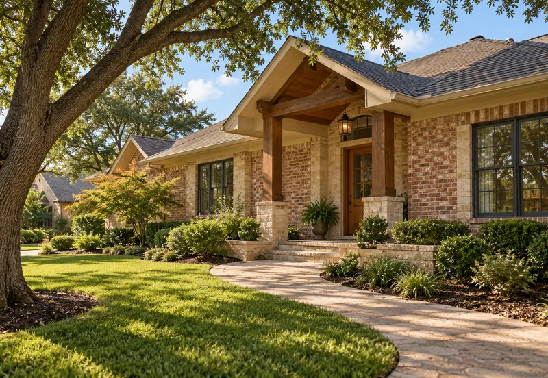 Cream-and-red brick ranch home with a timber entry and mature trees.