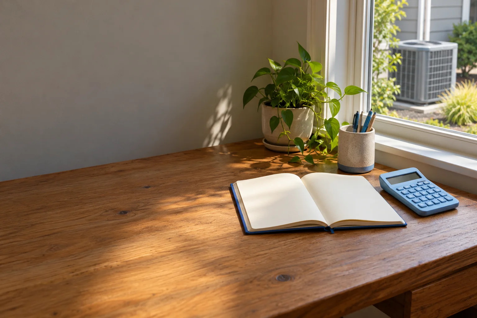 Calculator and blank notebook on a timber desk beside a window overlooking an outdoor AC unit.