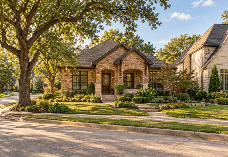 Low-gabled brick home with a shaded garden and curved pavement.