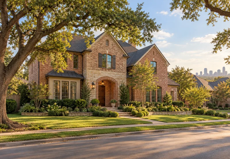 Warm brick home beneath mature trees, with a distant urban skyline.