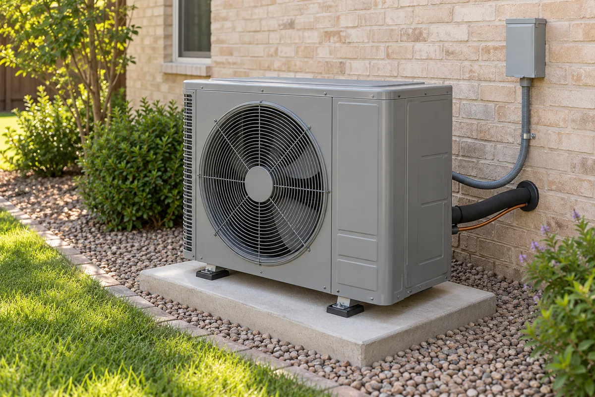 Outdoor HVAC unit with a front fan beside a brick home.
