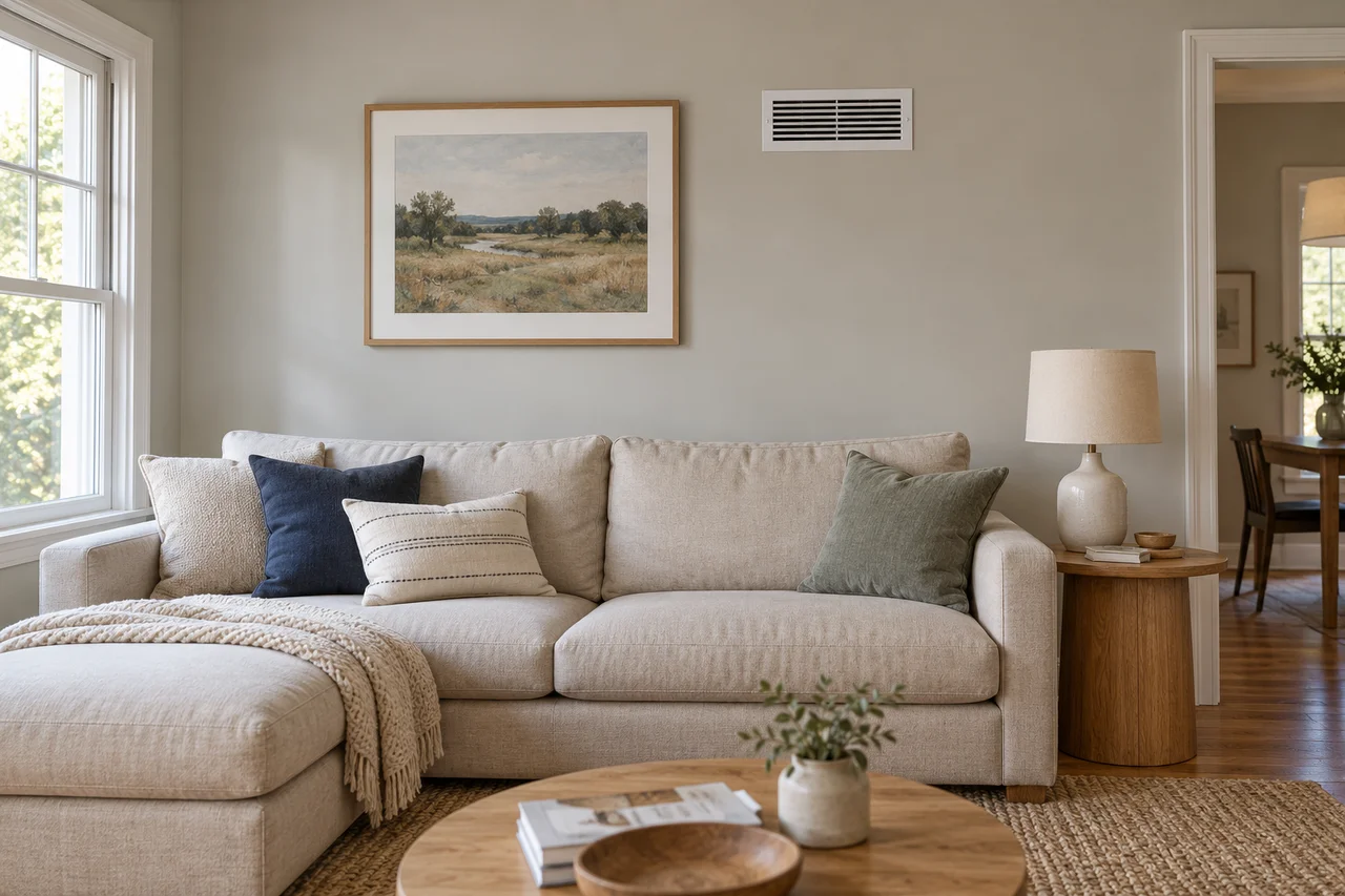 Living room with a pale sofa and a high-wall ventilation grille.